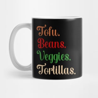 Tofu. Beans. Veggies. Tortillas. Script vegan burrito ingredients Mug